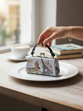 Mini Coin Purse with Girl at the Eiffel Tower in Paris - Snap Closure & Handle -